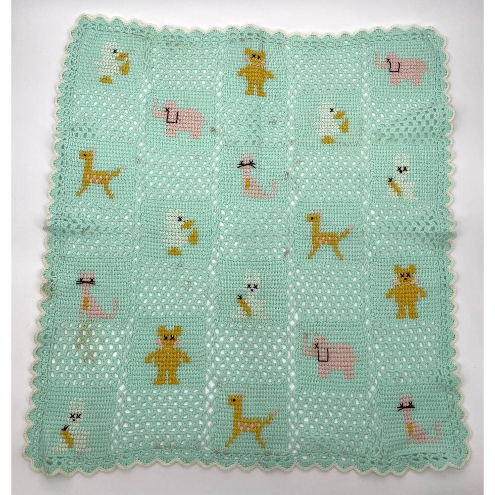 Vintage crochet knitted Baby Blanket Mint Green Animal Squares Crib Afghan 31x34